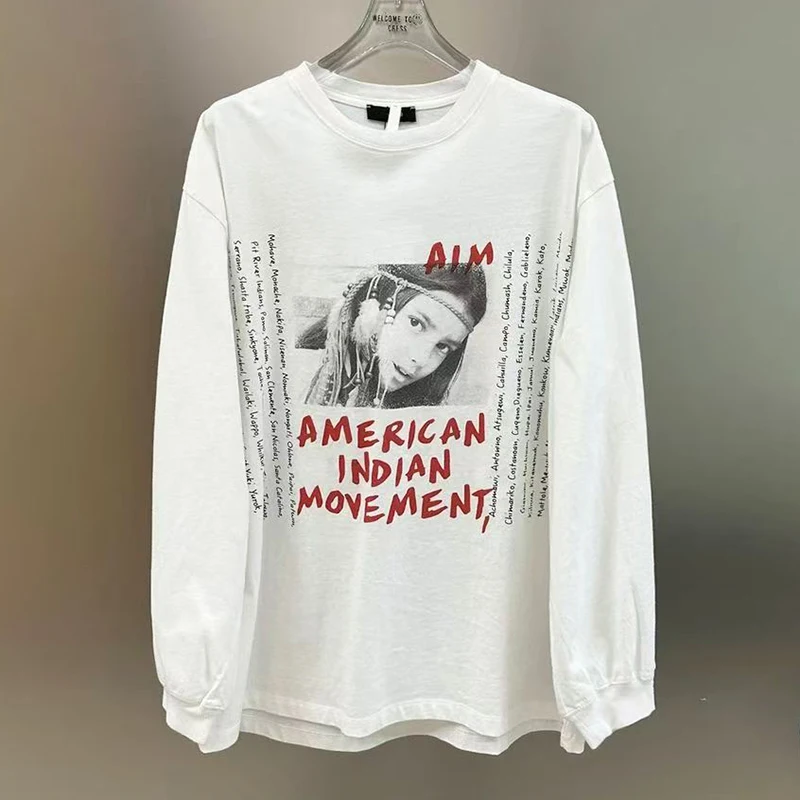 

American High Street Letter Print T-shirt Men Autumn 2025 Cotton Round Neck Long Sleeved White T-shirt Y2k Tops Men Clothing
