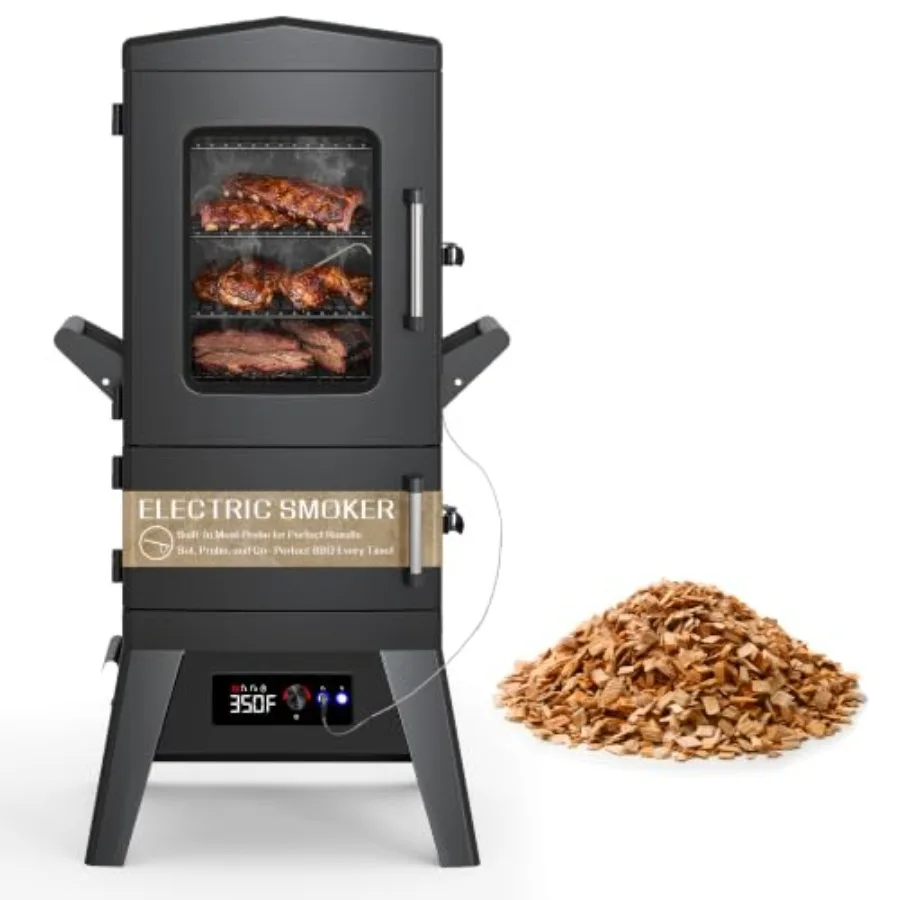 Large Vertical Electric Smoker Grill for outdoor BBQ steel, black, 633 sq in cooking area, 4-rack capacity, built-in meat probe