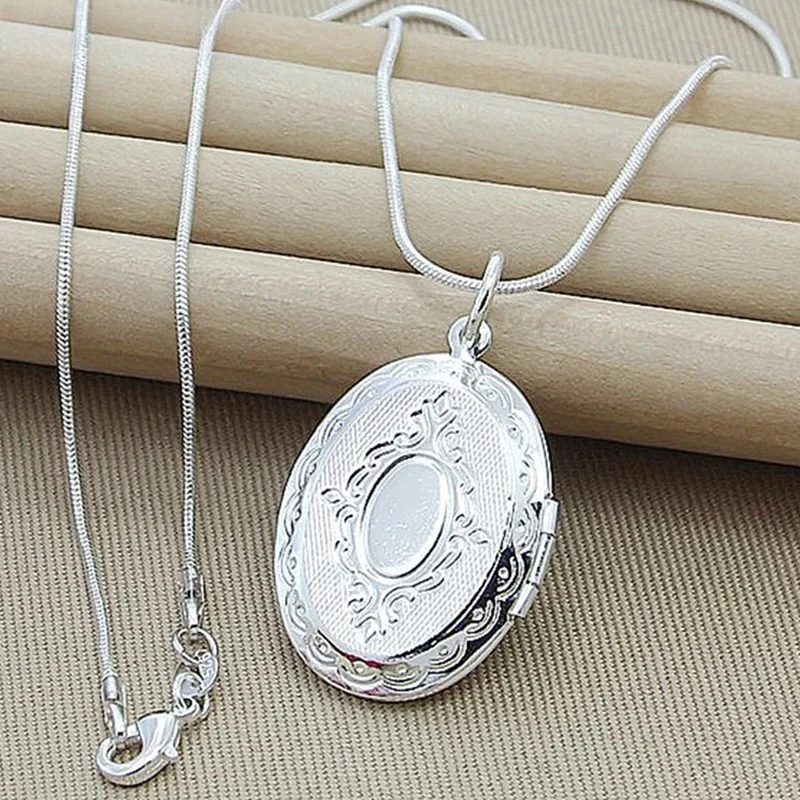 

925 Sterling Silver Oval Round Photo Frame Pendant Necklace 18/20-28/30 Inch Snake Chain For Woman Man Wedding Jewelry