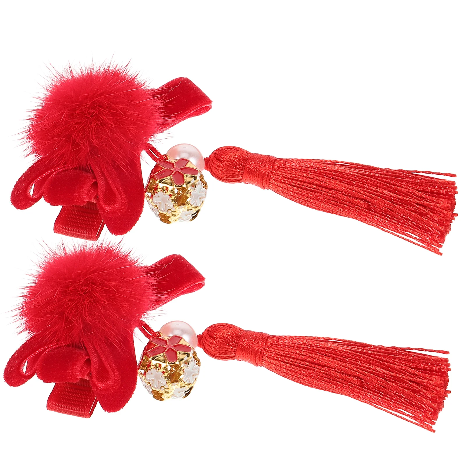 

2pcs Bow Ball Hair Clips Cute Tassel Pins Vintage Red Accessories Fine Rhinestones Small Bride Wedding Party Girls Hair