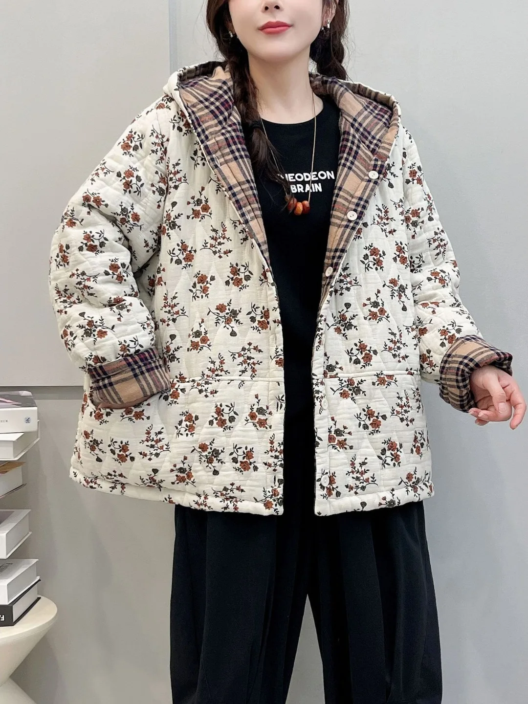 Floral Print Cotton Jacket Women's Loose Fit Double-Sided Wear Thermal Coat Autumn Winter Vintage Style Long Sleeve Hoodie