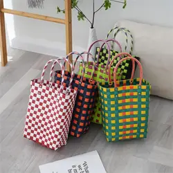 Retro Colorful Woven Tote Bag Patchwork Striped Large Capacity Shopping Tote Basket PVC with Handle Wicker Beach Bag Vegetable