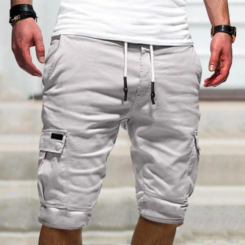 Men's Mid Waist Elastic Drawstring Solid Color Workwear Shorts Loose Fit Multiple Pockets Streetwear 2026
