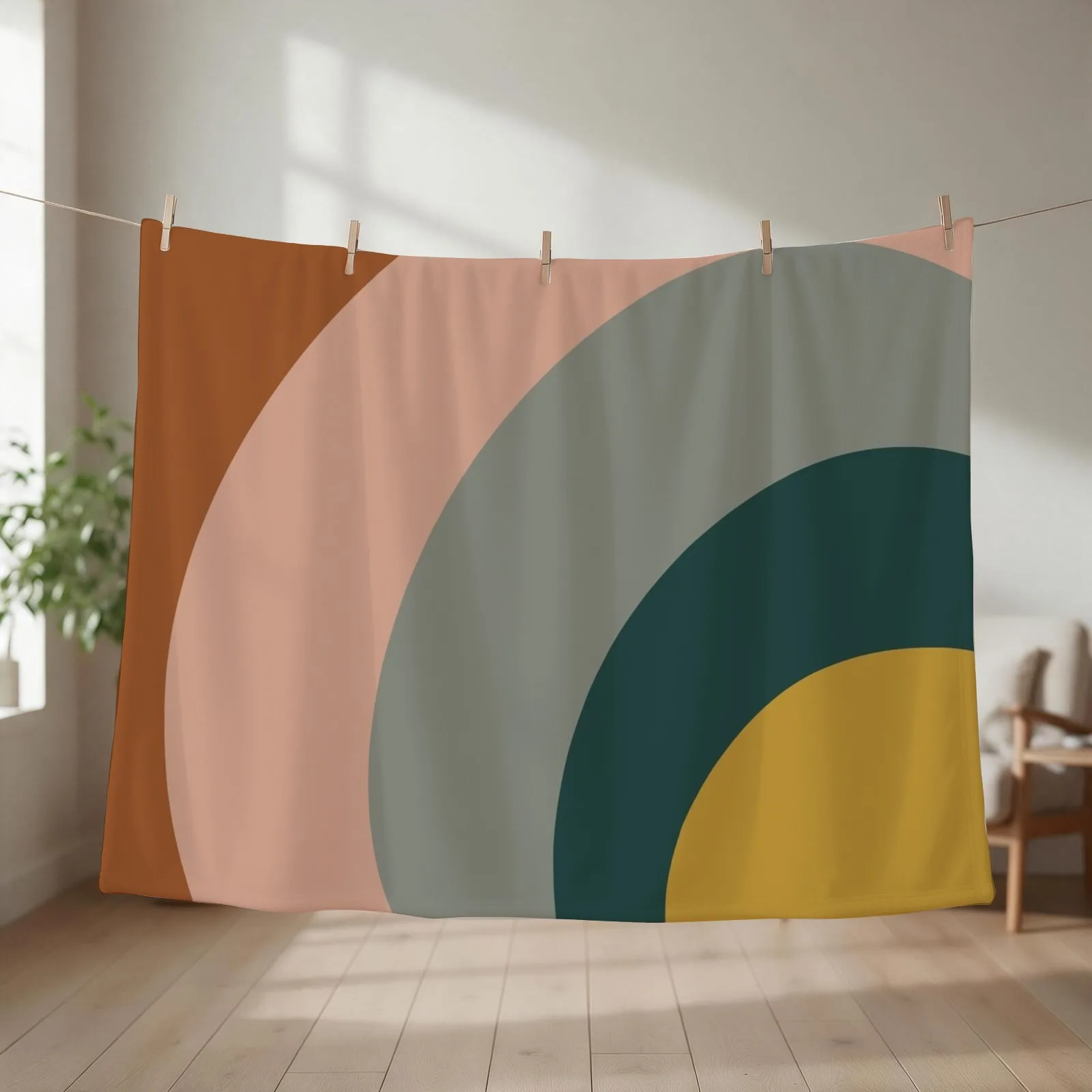 Sound Waves Minimalist Pattern in Mustard Yellow, Teal, Grey, Blush Pink, and Rust Throw Blanket