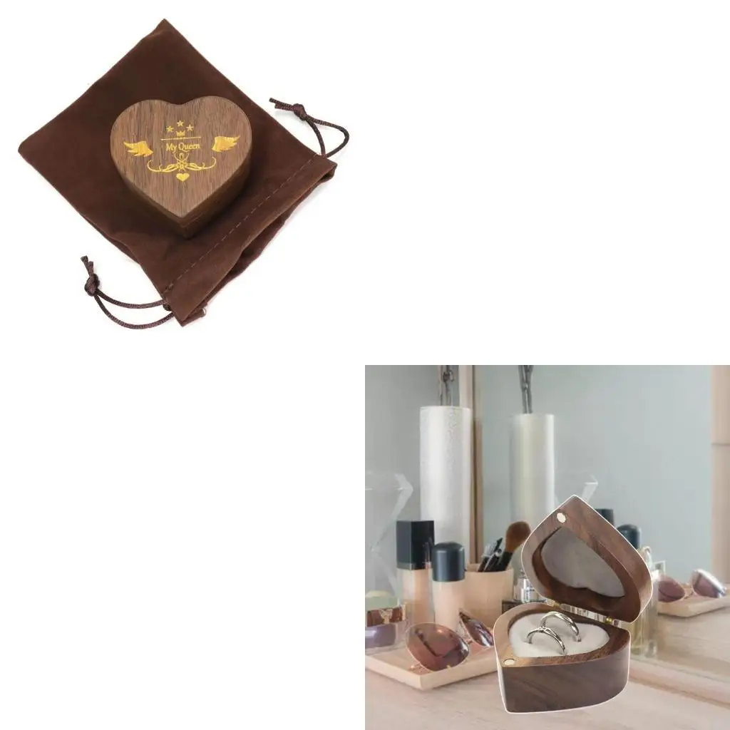 

Деревянная коробка для колец из орехового дерева с бархатной сумкой для декора держателя кольца для свадебной церемонии