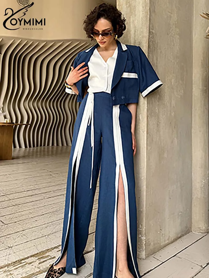 

Oymimi Casual Blue Cotton Women's Two Pieces Set Fashion Patchwork Short Sleeve Pockets Button Shirts + Straight Slit Pants Sets