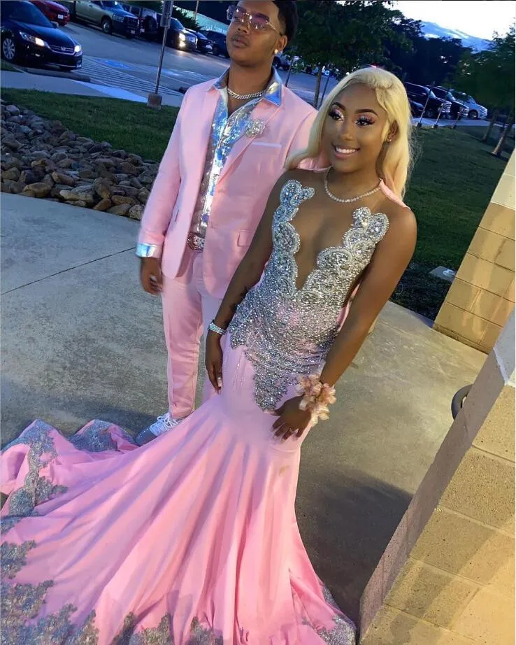 Cute Pink Trumpet Long Prom Homecoming Couple Dress for Women Silver Crystal Applique Black Girl Birthday Party Gown 2024