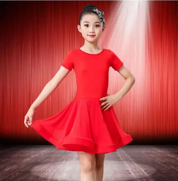 Girl Latin Dance Dress Children Dance Costume Salsa Black Kids Red Tango Dresses Dancing Stage Performance Solid Dress