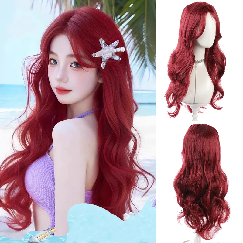 Mermaid Rose Red Long Curly Wig Synthetic Women's Wig Natural Soft Suitable for Halloween Christmas Party Cosplay