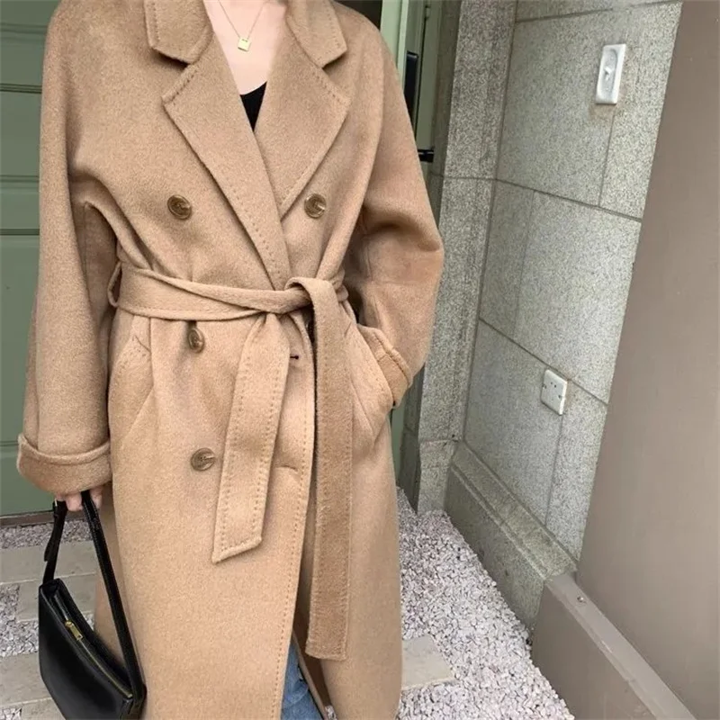 Winter Korean Handmade Double Breasted Long 100% Wool Coat Women Casual Loose Lacing Belt Woolen Overcoat Oversized