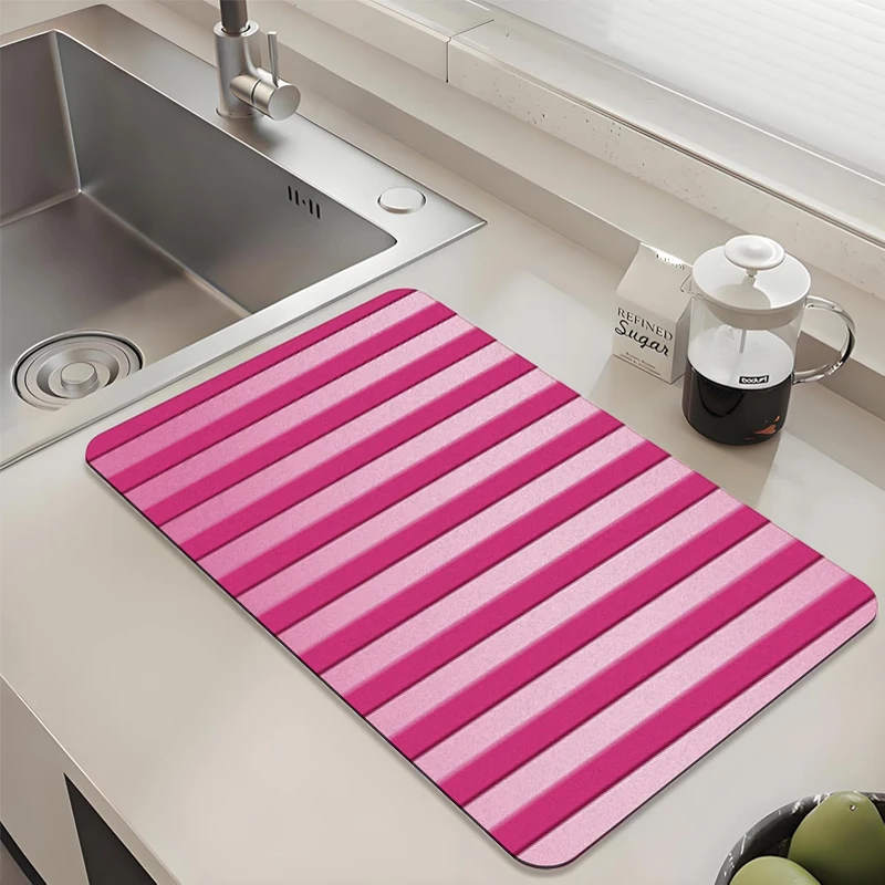 

Hot Pink Striped Kitchen Drying Mat - Absorbent Non-Slip Quick Dry Pad for Sink Countertop