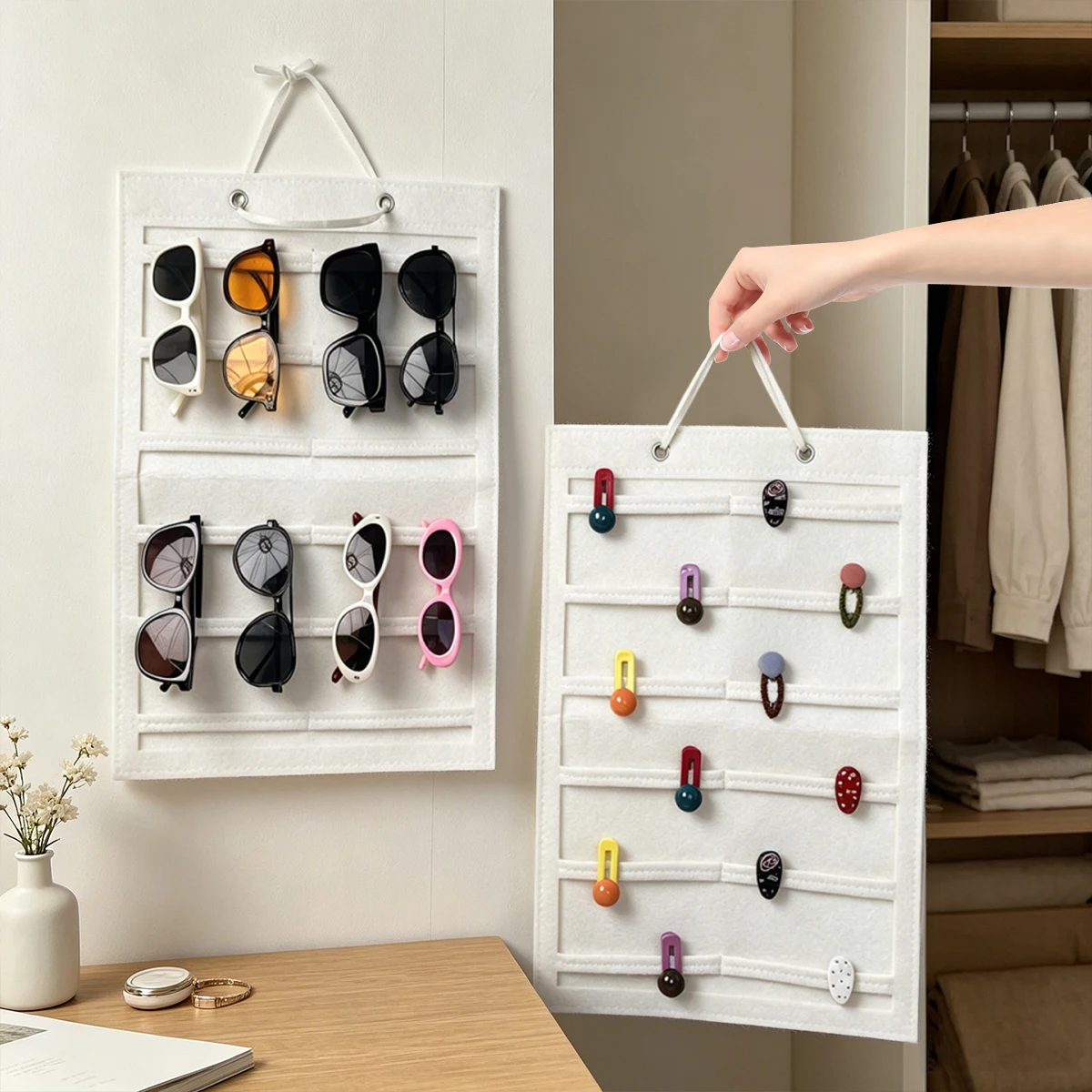 1pc foldable felt white striped pocket style hair accessory storage hanging bag rectangular hair clip glasses jewelry roll