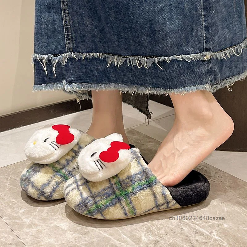 Sanrio Hello Kitty Thick Soled Hairy Slippers Women Winter New Warmth Home Cotton Shoes Korean Style Casual Trend Plush Slippers