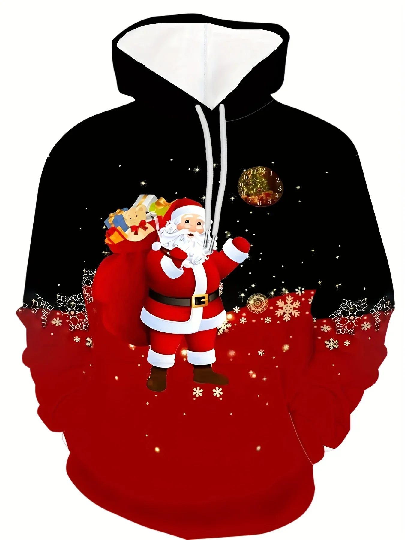 เสื้อฮู้ดซานตาคลอสพิมพ์ลาย 3 มิติสำหรับผู้ชายและผู้หญิง เสื้อสตรีทแวร์แขนยาวแบบมีเชือกผูก เสื้อผ้าแปลกใหม่สำหรับคริสต์มาส