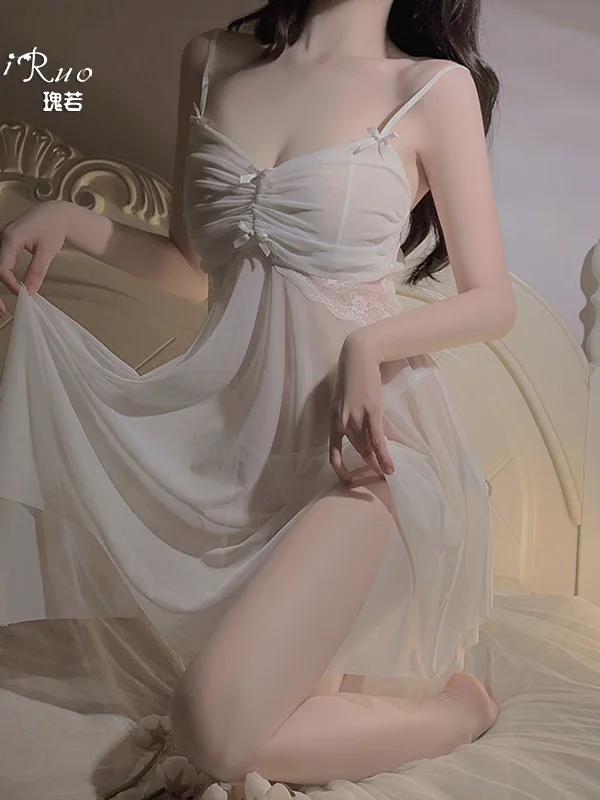 Mini robe débardeur transparente en maille plissée avec nœud papillon pour femmes, robe à bretelles élégante et douce, hauts coréens pour femmes NP3X