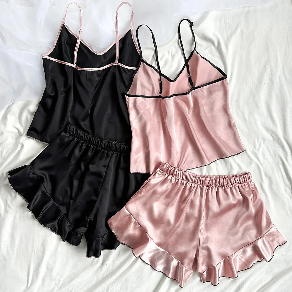 Pijamas de satén liso para mujer, camiseta con cuello en V, bordes con volantes y pantalones cortos con lazo, conjunto de pijama sencillo y transpirable, ropa para el hogar con tirantes