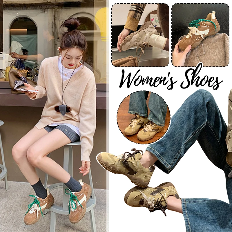 

Retro Casual Sports Thick Bottom Heel Dequn Shoes Color Matching Winter Shoes Women's Rubber Sole Breathable Mesh Inner Non-slip