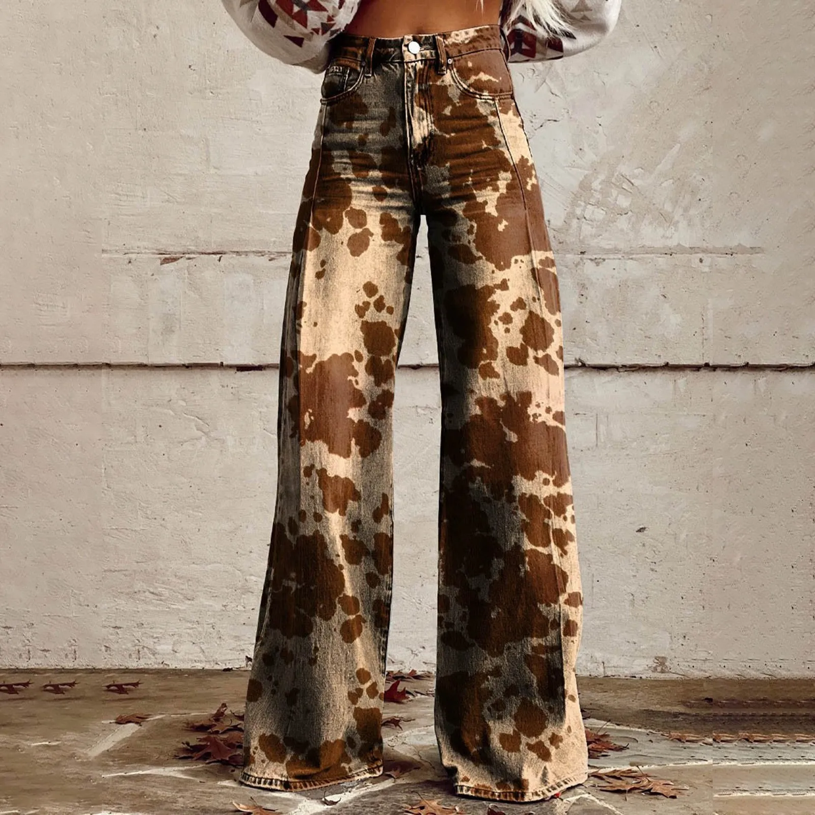 Vintage Printed Women Pants Autumn Trousers Casual Wide Leg Pants Vintage Boho High Waist Flare Pants Long Pantalones