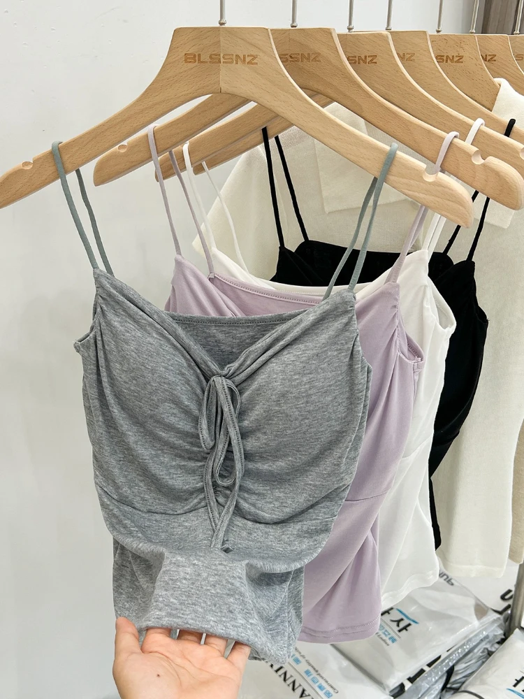 Thin Strap Solid Versatile Tank Top Black Tie Bow Summer Tank Top Women Camisole with Built-in Padded Bra 2026 Slim Top