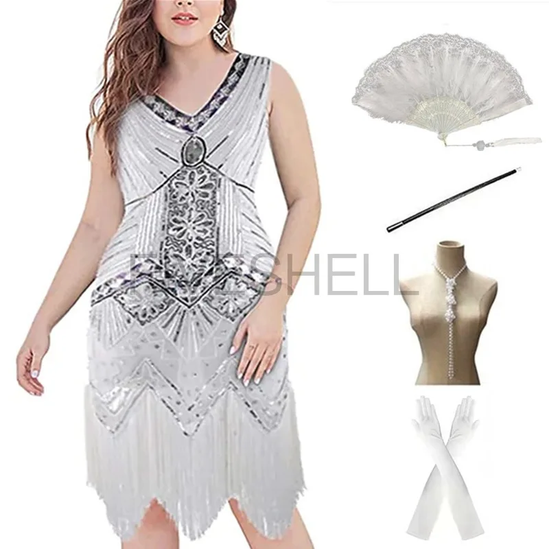 1920s Flapper Vintage Cosplay Plus Size with 20s Accessories Set Great Gatsby Party Evening Sequins Fringed Dress Charleston