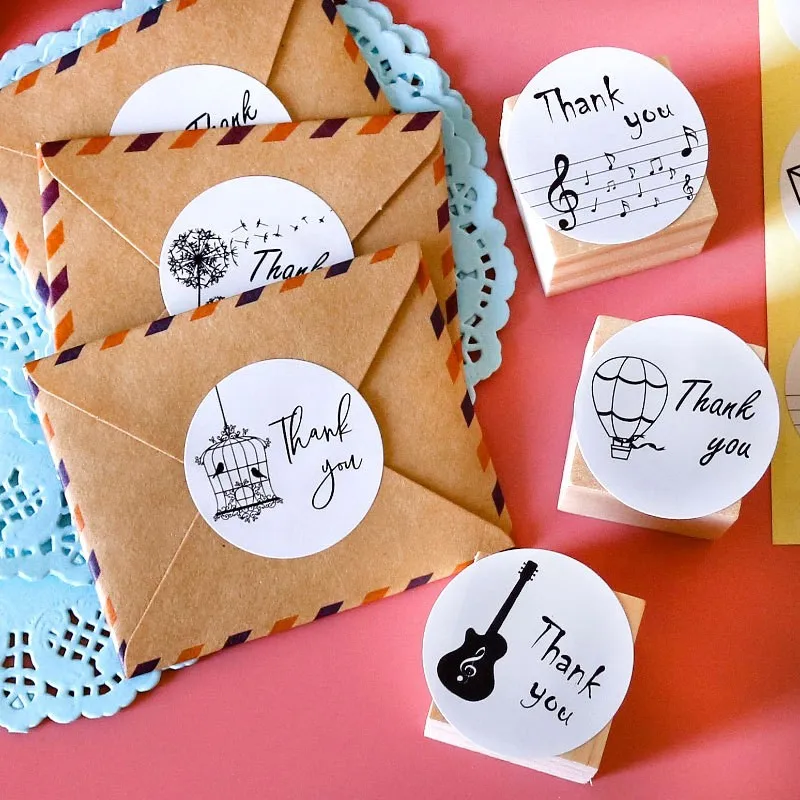 

120Pcs 35MM Thank You Round Sealing sticker Musical Instruments Black White Ink handmade windmill Gift Cards cute Stickers Label