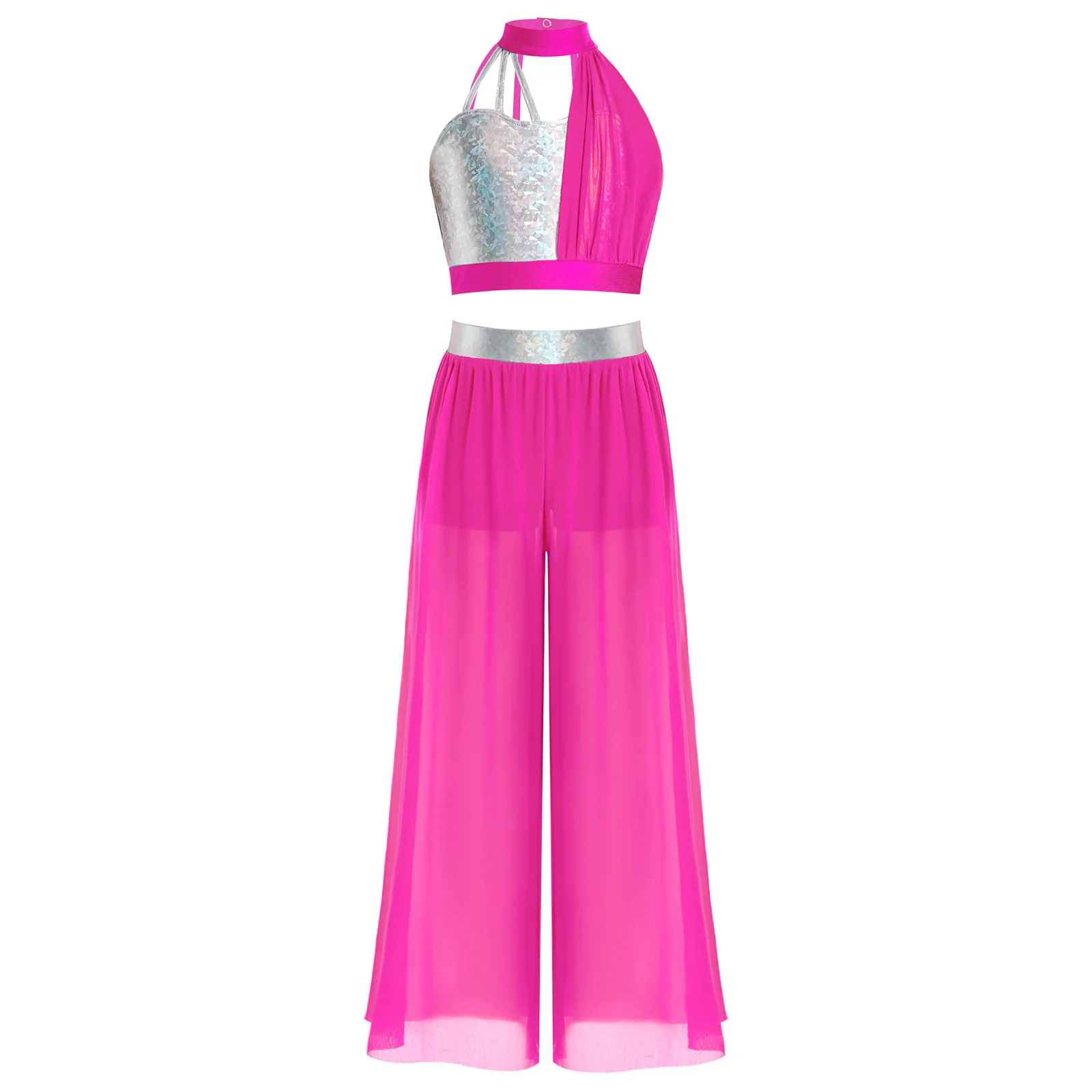 Kids Girls Mock Neck Sleeveless Crop Top Mesh Tulle Pants with Built-in Shorts for Ballet Dance Stage Performance Competition