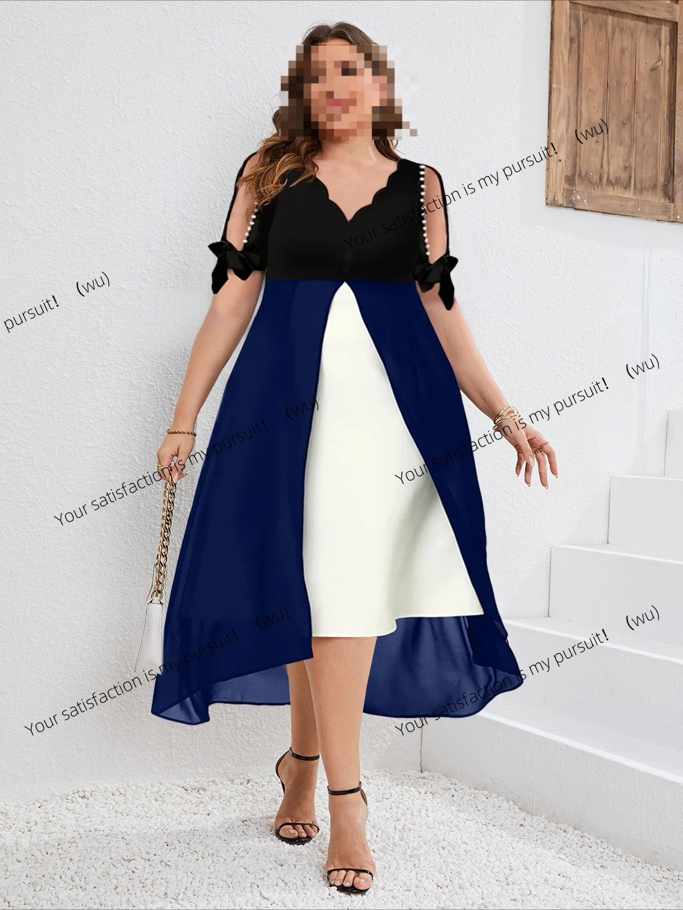 Large size women's V-neck splicing fake two-piece irregular medium-sleeved dress