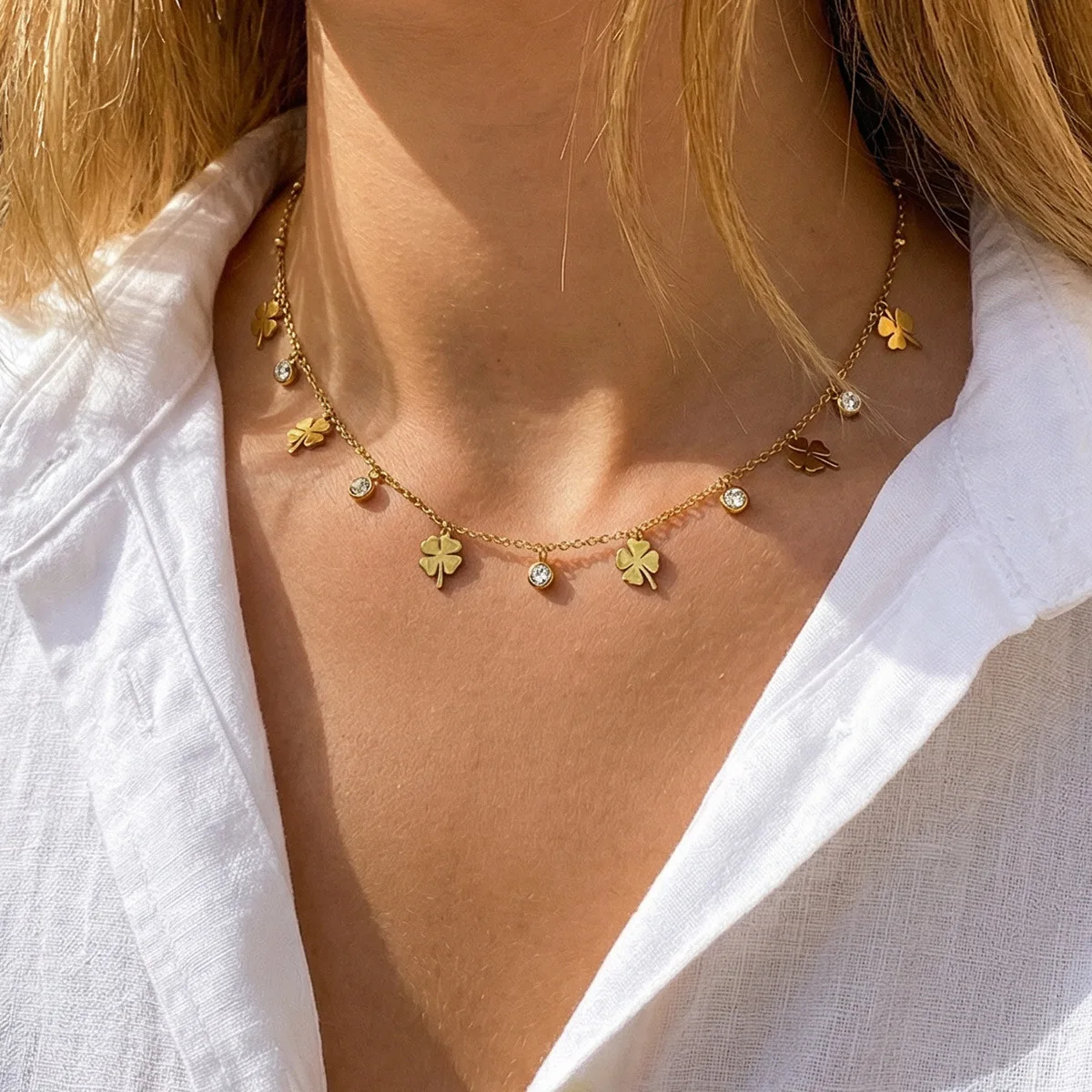 18K Gold Plated Four Leaf Clover Clavicle Chain 316 Stainless Steel Shiny Zircon Women Elegant Daily Wear Commute Trendy Jewelry
