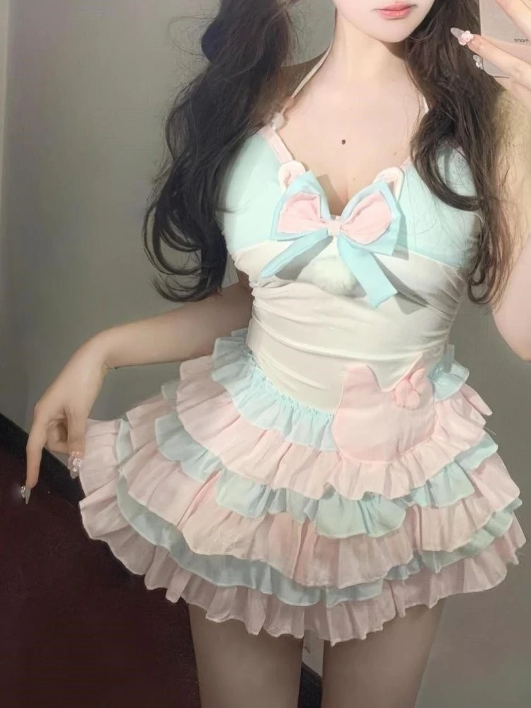 Vestidos elegantes de estilo dulce Harajuku para mujer, minivestido Y2k con bonito lazo y cuello Halter, diseño de pastel, trajes Retro de moda femenina 2025