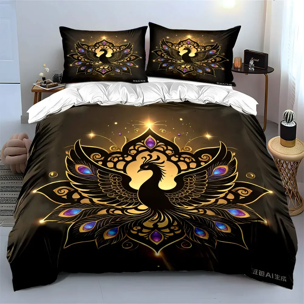 Golden Peacock Wall Art Set Multiple sizes kid's and adults' bedroom Exquisite 3PC bedding set, gift