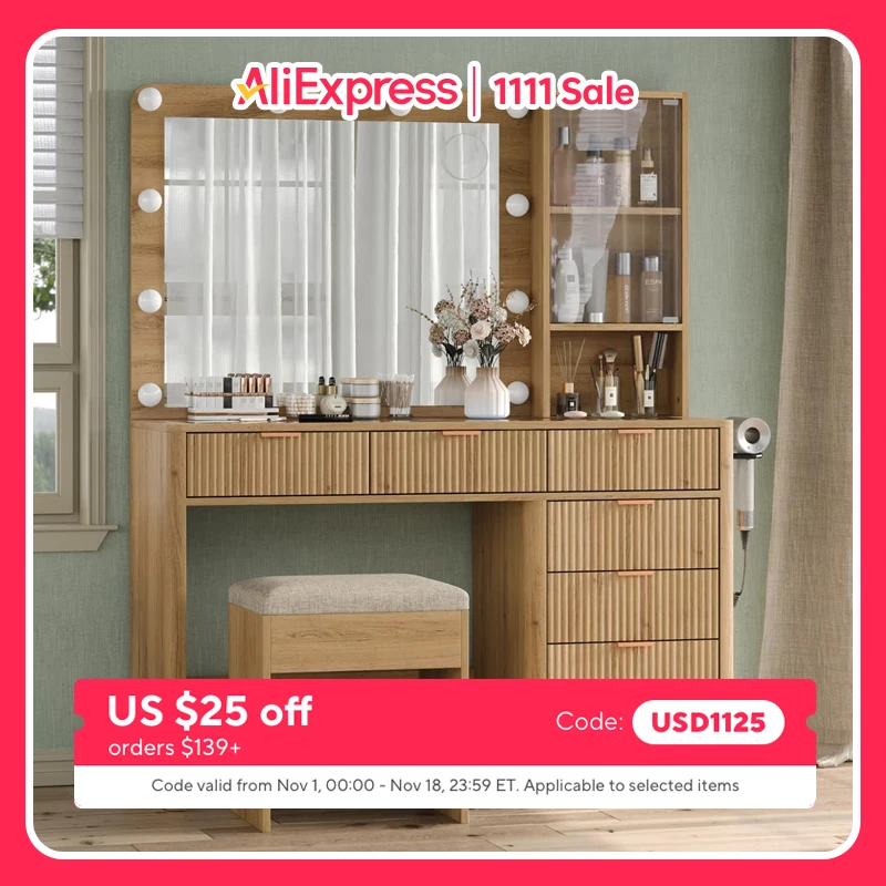 Compact Large Storage Vanity Table Set, LED Vanity Mirror with 3 Adjustable Brightness Modes, Multiple Drawers & Side Storage Shelves, Scratch-Proof Clear Tempered Glass Tabletop with USB Port