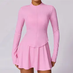 Conjunto de Yoga de 2 piezas para mujer, ropa de gimnasio Sexy con cremallera, manga larga, Falda corta deportiva, ropa de entrenamiento para correr, traje deportivo Atlético