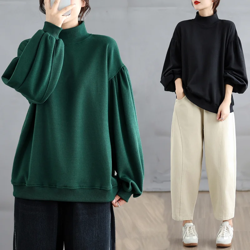 

Autumn Winter New Style Casual High Neck Bubble Lantern Sleeve Women's Sweatshirt Loose plus Size Fleece Pullover Hoodie