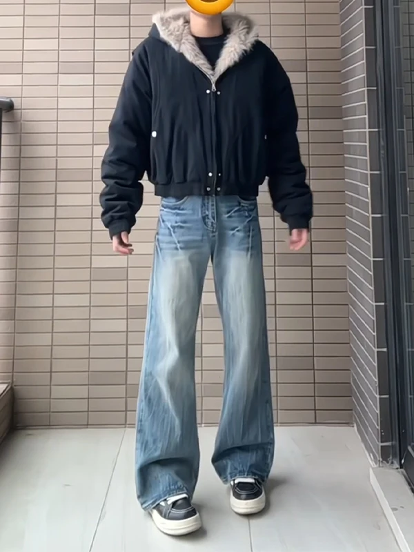 

American Vibe Retro Blue Knife Men's Denim Jeans Autumn Winter Fce Slim Straight Workwear Trousers mid Waist Button Fly