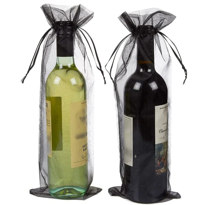 30Pcs Black Organza Wine Bottle Bags, Sheer Mesh Bottle Gift Pouches Wine Covers Dresses With Drawstring For Halloween