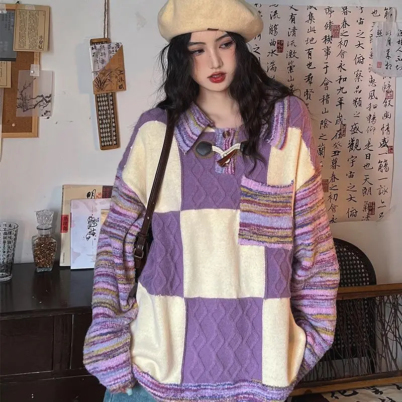 YYAHAHAS 레트로 패치워크 배색 체크 스웨터 (2025년 가을 여성용) 일본 레이지 스타일 니트 풀오버