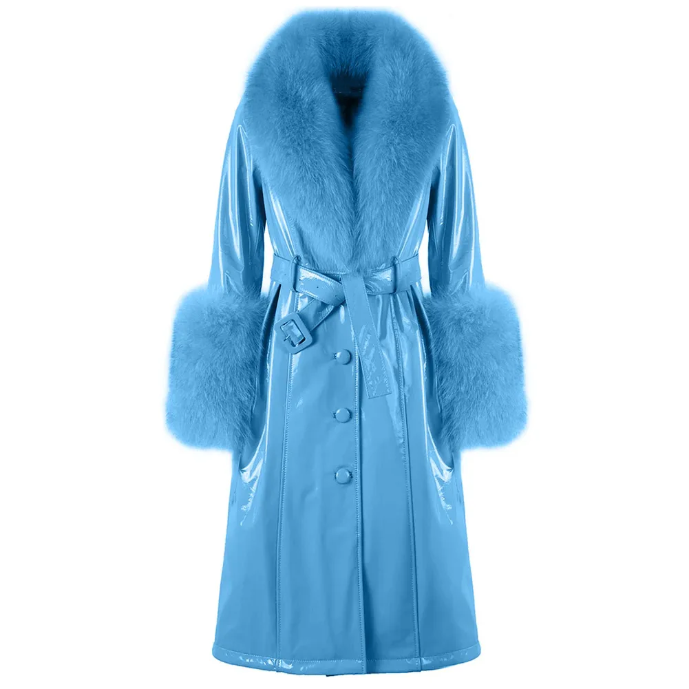 Denny&Dora Light Blue  Women Plus Size Coat Real Fox Fur Collar Long Genuine Leather Coat Trench