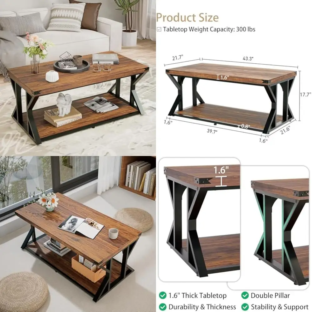 

Two-Tier Industrial Farmhouse Coffee Table with Storage Shelf, Angle Iron and Metal Frame for Living Room and Cocktail Area