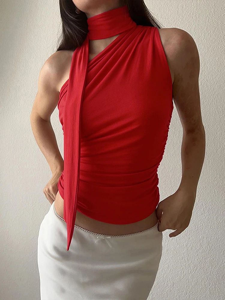 Sexy Red Tank Top New Summer Women\'s Sleeveless One Shoulder Casual Bodycon Streetwear Top Fashion Ribbons Slim Party Lady Tank