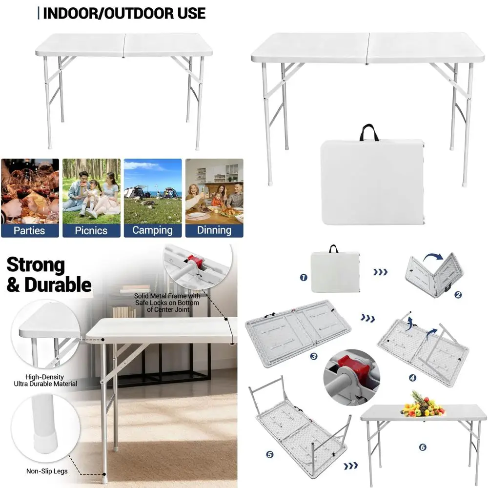 

Portable Rectangular Folding Table, White, for Indoor and Outdoor Use, Camping, Picnics, Parties