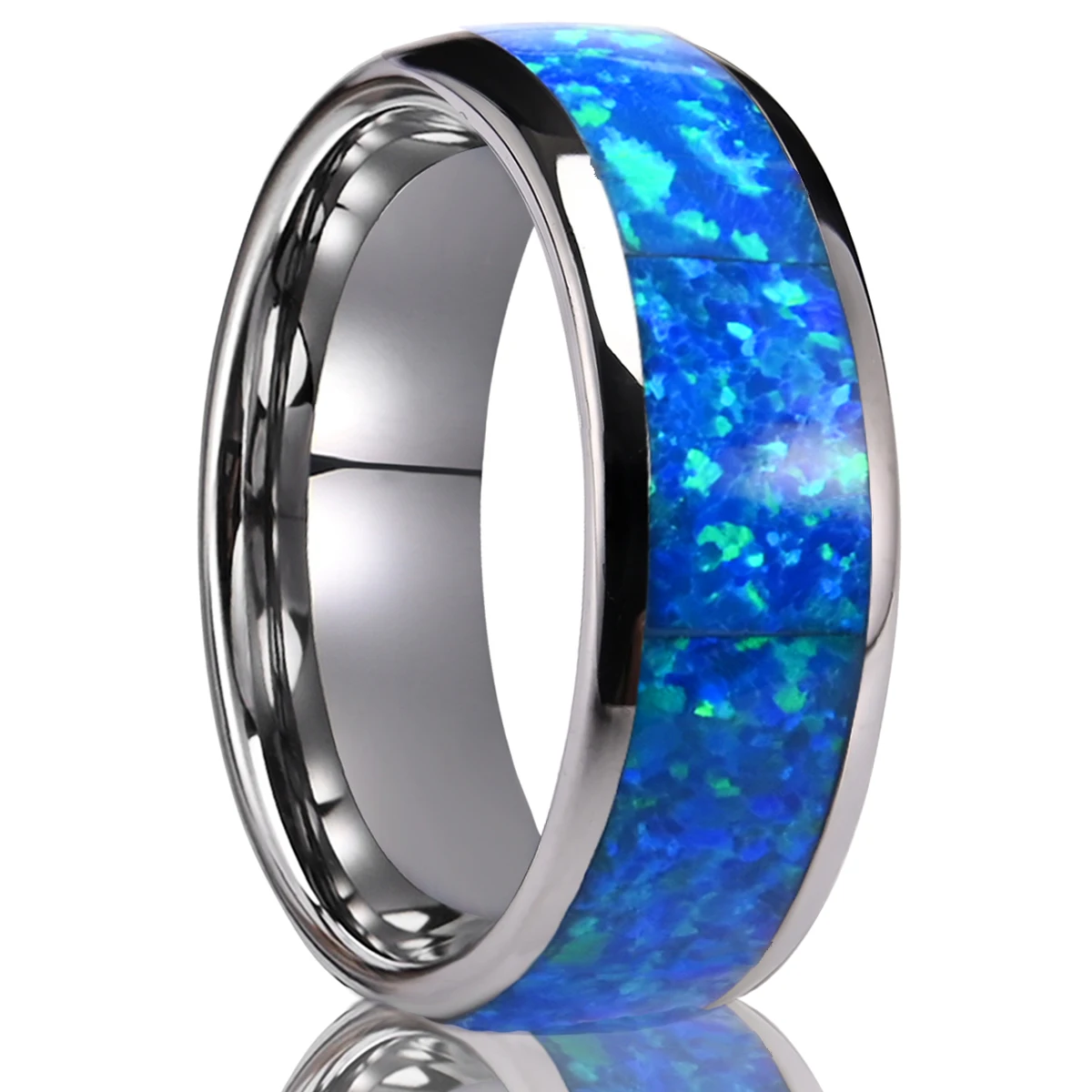 

8MM Silvery Tungsten Carbide Ring, Fashion Men's Jewellery with Blue Opal, Wedding Bands and Engagement Rings, Anniversary Gifts