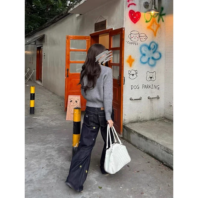 جينز نسائي عتيق أزرق فضفاض واسع الساق 2000s Y2k ملابس الشارع الجرونج ستار التطريز الدينيم السراويل عالية الشارع الرجعية #5