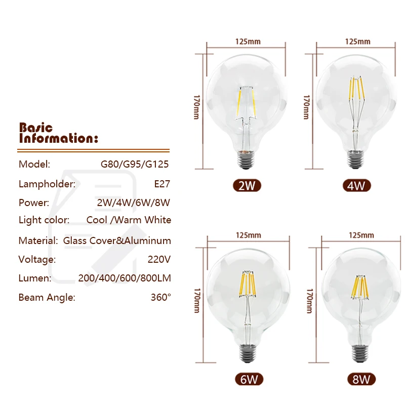 Bombiilas Retro Edison Filament LED Light Bulb E27 AC 220V 240V G80 G95 G125 Globe Light Glass Bulb 2W 4W 6W 8W Lampara LED Lamp