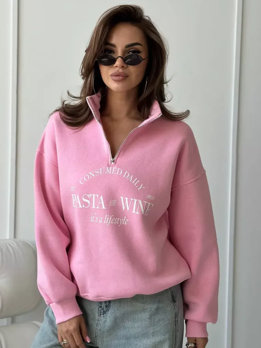 

Half Open Zipper Lapel Sweatshirts Loose Sports Women Temperament Pullover Retro PASTA WINE Letter Printed Fashion Streetwear