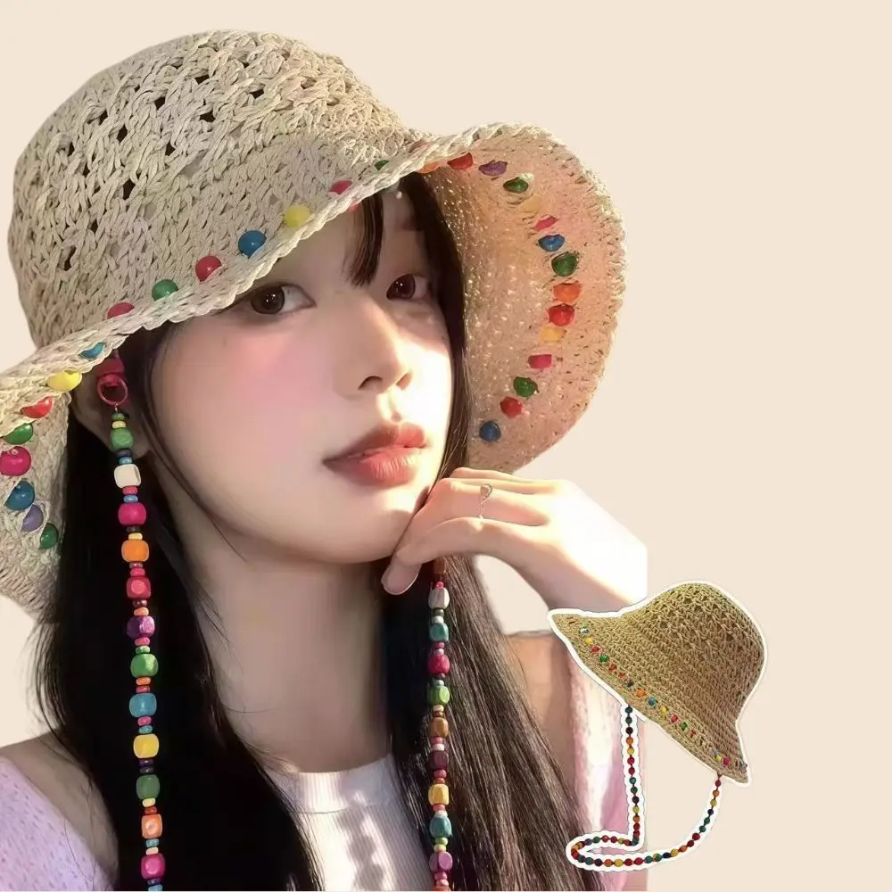

Casual Elegant Woman's Straw Hat Breathable Foldable Lace Brim Sunshade Cap Weaving with Rope Sun Protection Cap Beach