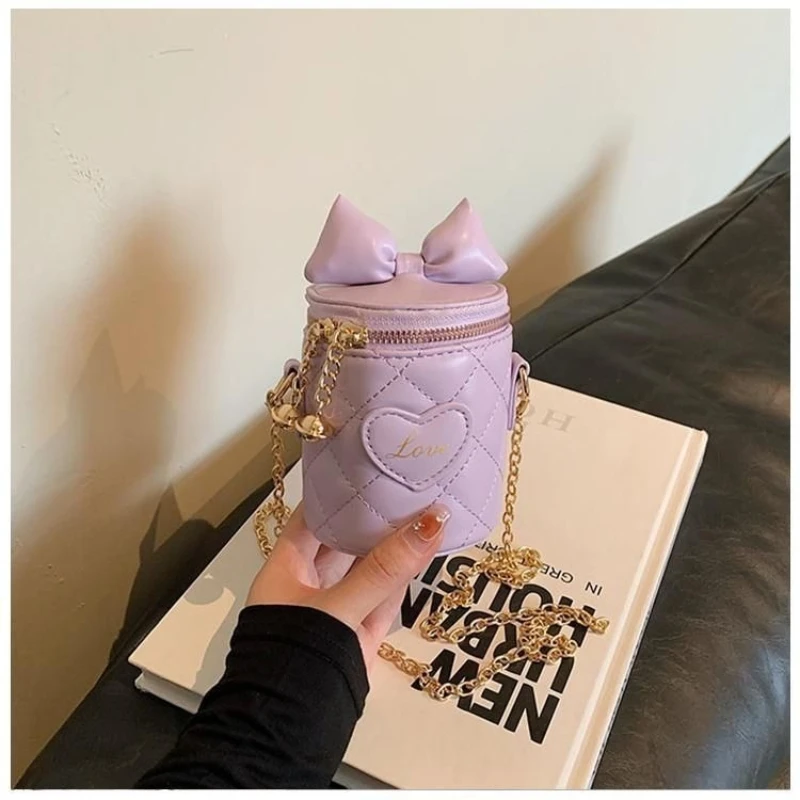 Black Purple Pink Yellow White Cute Bow Quilted Mini Bucket Coin Handbag Crossbody Purse Kids Heart Shoulder Bag Handle Girls