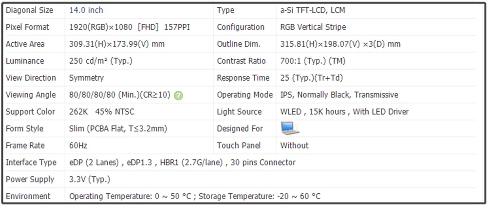 LP140WFA SPF1 LP140WFA-SPF1 14 Inch LCD Screen IPS Panel FHD 1920x1080 60Hz EDP 30pins 45% NTSC 250 cd/m² (Typ.)