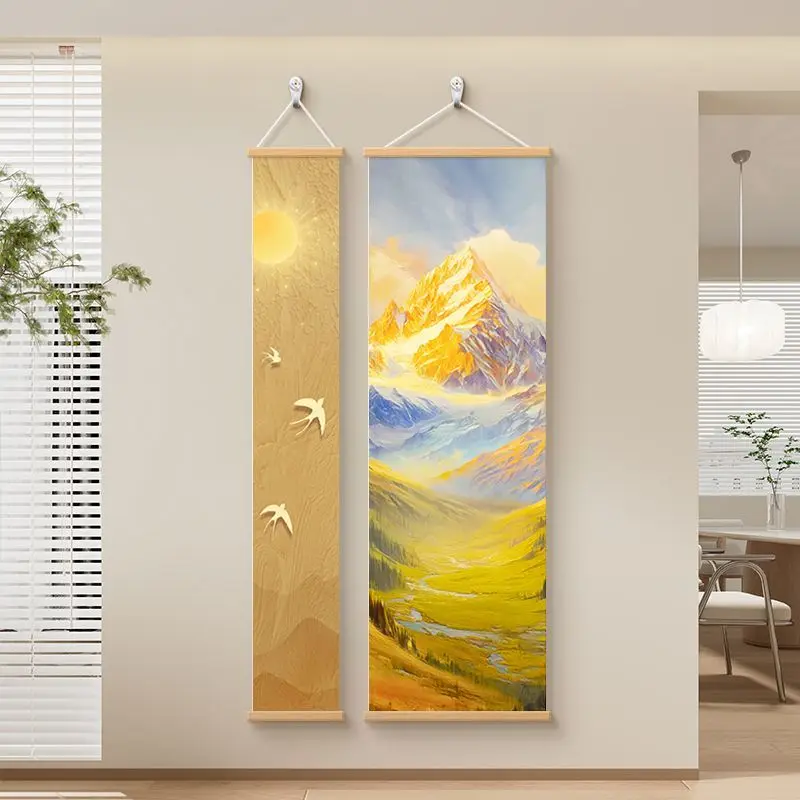Wall Art Decor Luxury Golden Mountain Scroll – Sunrise Over Golden Peaks Zen wall art for Home Entrance, Hallway & Living Room
