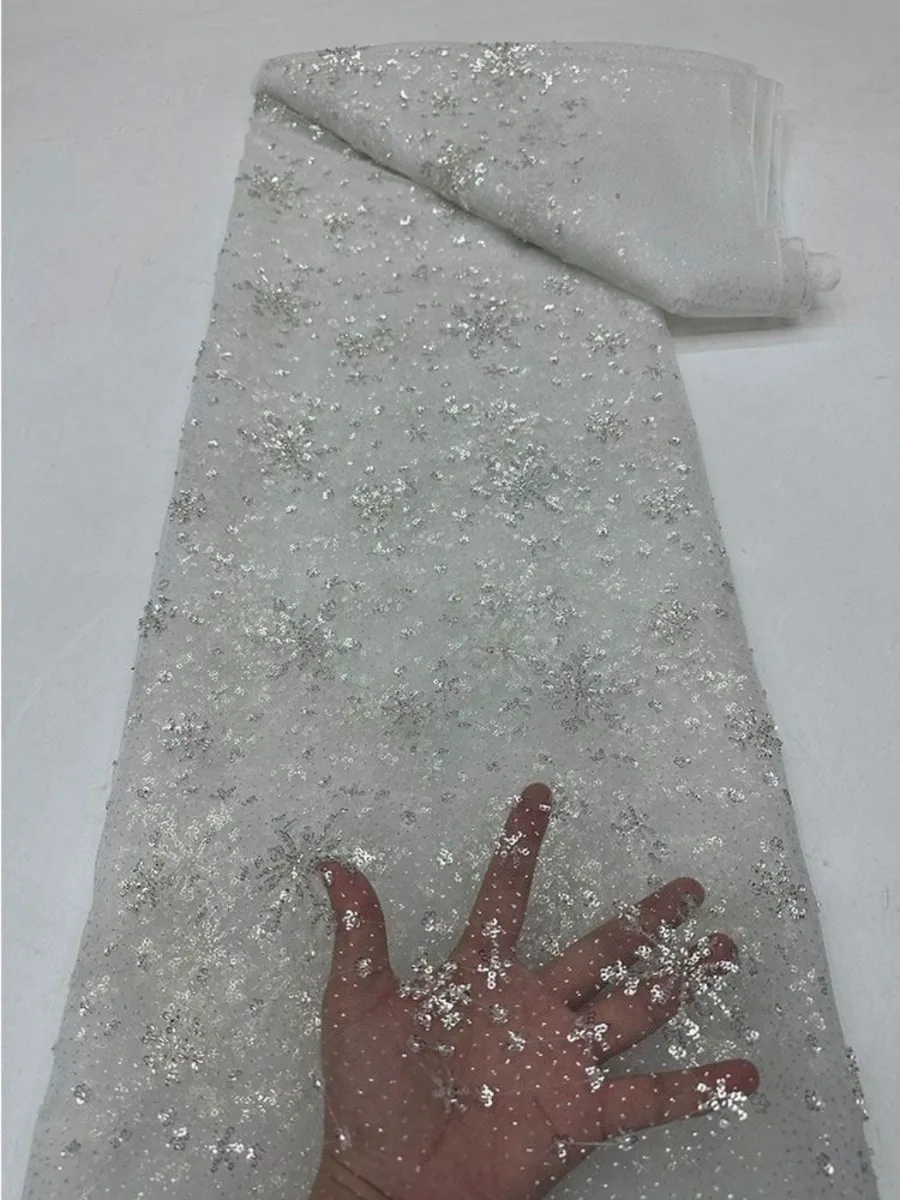 Gold Foil Sequin White Mesh Fabric Snowflake Pattern Wedding Gown Dress Party Outfit Stage Wear Sewing Material By The Yard
