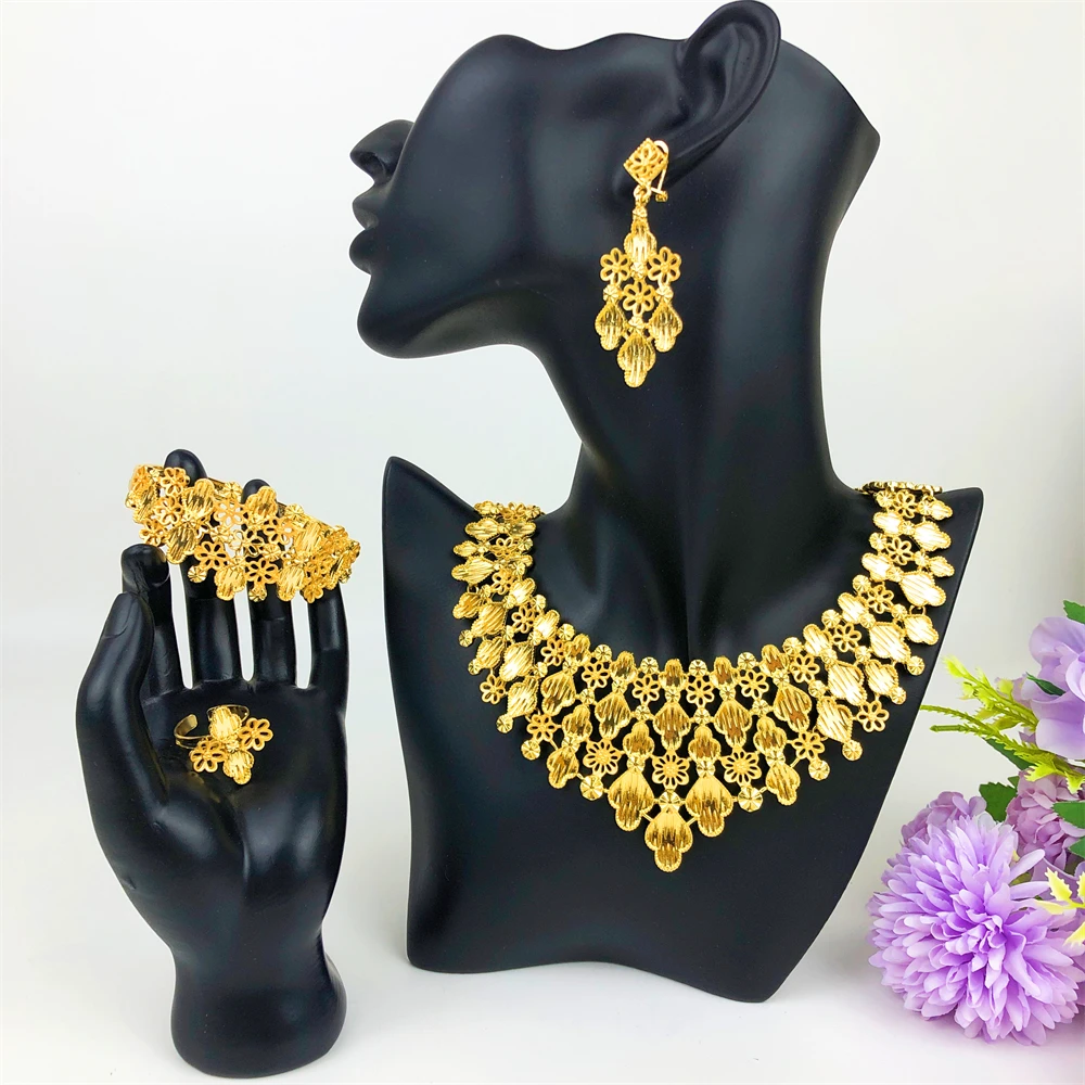 STAR Women Necklace Earrings Ring Bracelet Jewelry Set Flower Pendant Gold Plated Luxury Nigeria Dubai Gold Jewelry Set Women